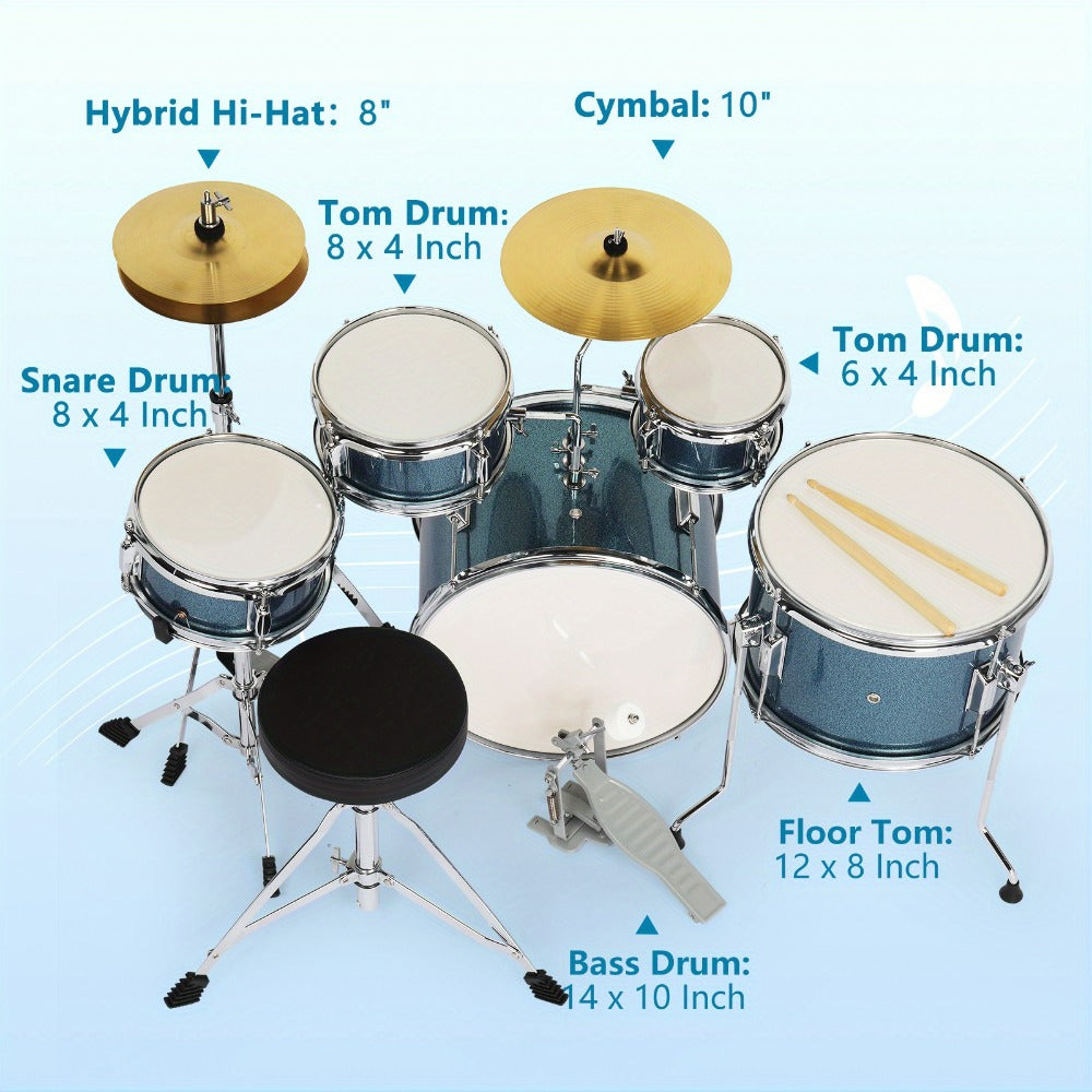 5-Piece Beginner Acoustic Drum Set with Stool, Pedal, Sticks and Wrench