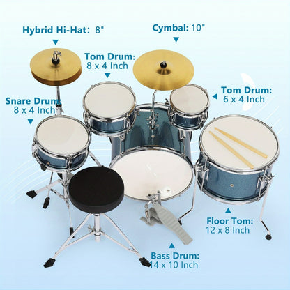 5-Piece Beginner Acoustic Drum Set with Stool, Pedal, Sticks and Wrench
