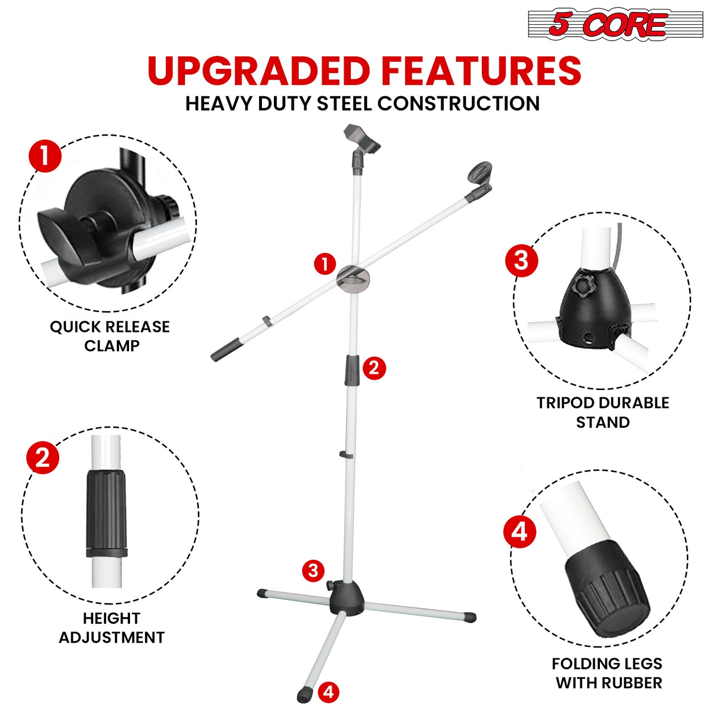 5 Core Microphone Stand Floor 2 Mic Clips Universal Height Adjustable 63" Dual Tripod Mic Stands w Telescoping Boom Arm Foldable Portable