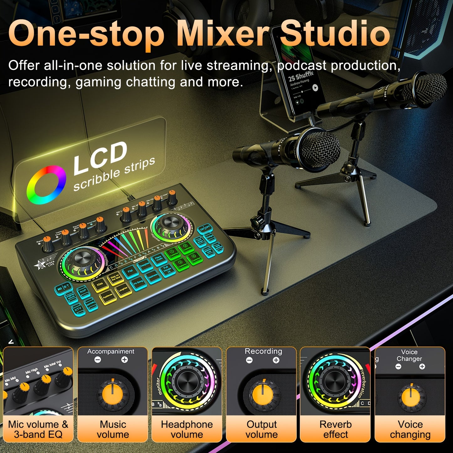 Professional Mixer, Suitable For Laptops, Mobile Phones, Game Recording, Streaming Podcasts, Internet Celebrities, Anchors, Live Streaming, Recording, Karaoke Video Studio Podcast Equipment Bundle, Condenser Mic, Dynamic Microphone, Sound Card