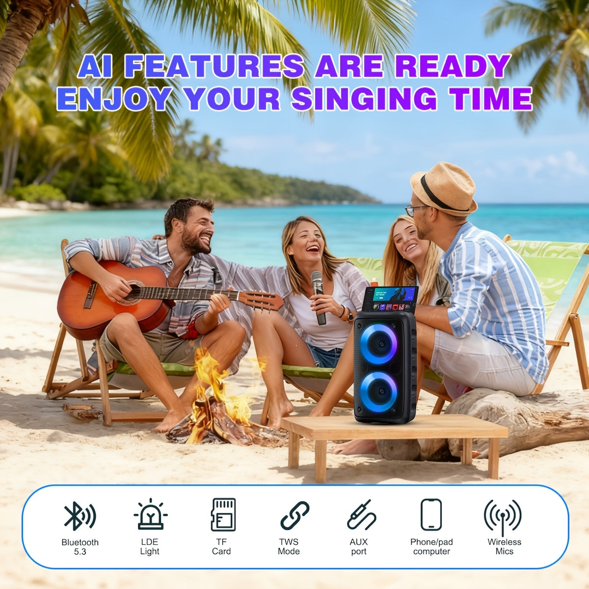 Wireless Speaker Portable Wireless Karaoke Speaker | Sleek, Compact High-Power Subwoofer Speaker with 1200mAh Battery, Supports TF Card & USB, Modern Sound Quality, Christmas Atmosphere, Black ABS Material, Tabletop Mount, Button Control