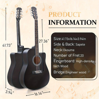 Acoustic Guitar, Black, Full Size, 41-inch, Basswood, Cutaway for Lessons and Practice
