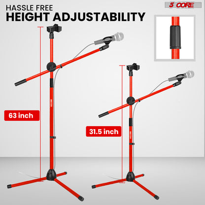 5 Core Microphone Stand Floor 2 Mic Clips Universal Height Adjustable 63" Dual Tripod Mic Stands w Telescoping Boom Arm Foldable Portable