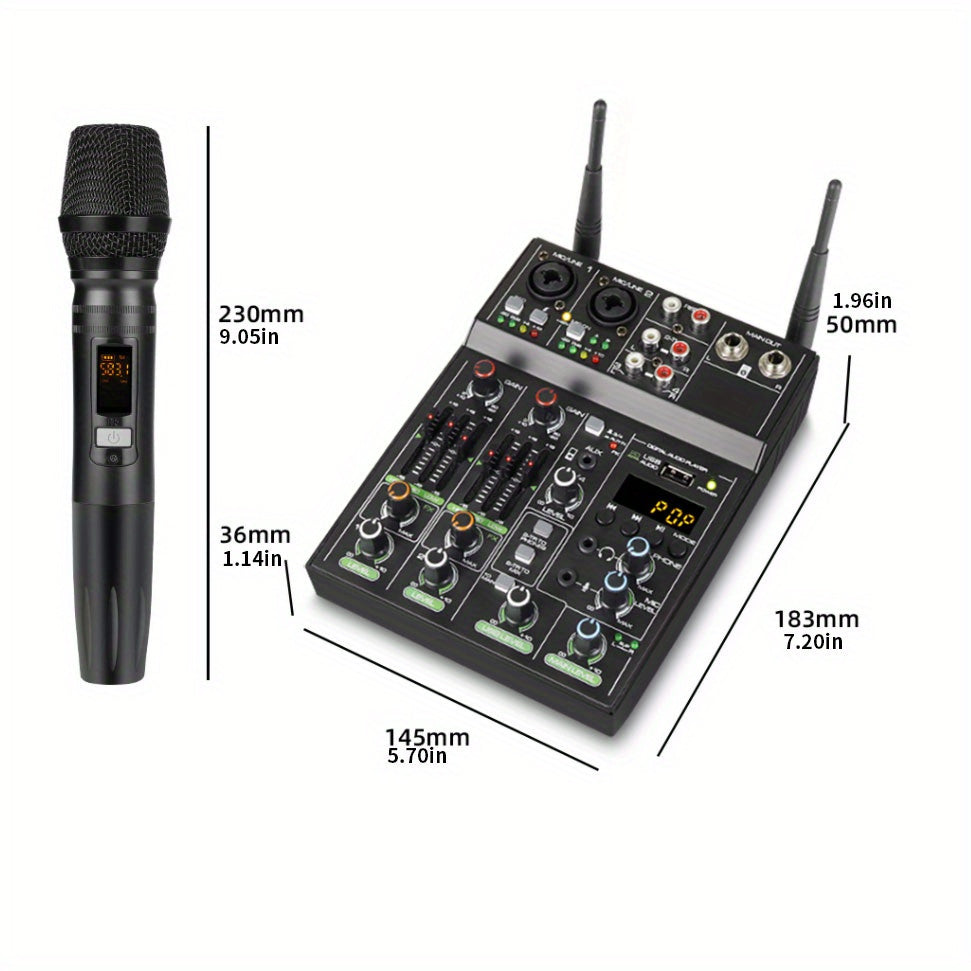 High-Quality 4-Channel Mixer with UHF Wireless Microphone System - Perfect for Music Performance and Karaoke, 48 Phantom Power, Wireless Phone Connectivity for an Exceptional Music Experience