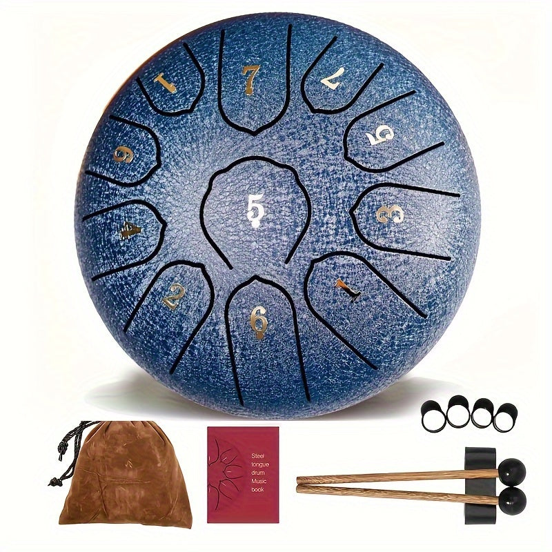 6-Inch 11-Tone Steel Tongue Drum Set with Tote Bag, Sheet Music, Drumsticks, Drumstick Holder, And Finger Cots, Suitable for Camping, Meditation, And Yoga, Age Group 14+
