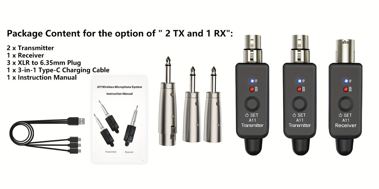 Wireless Microphone Transmitter Receiver - Plug-on XLR Microphone Wireless System with 48V Phantom Power, XLR Connector, 6.35mm Adapter Suitable for Condenser And Dynamic Microphones, Mixer, Guitar Amplifier, And Speakers, DSLR Camera, PA System