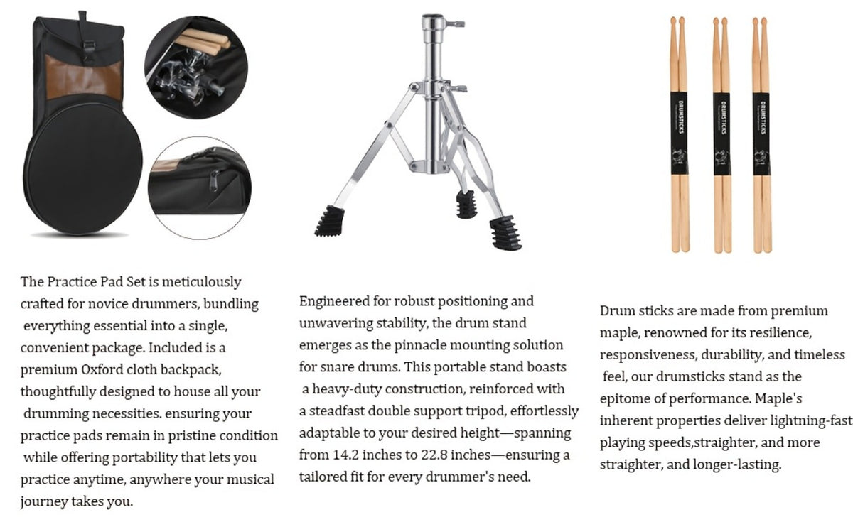 12-Inch Drum Practice Pad Set with Adjustable Snare Stand, Sticks and Bag detail image - detail view 13