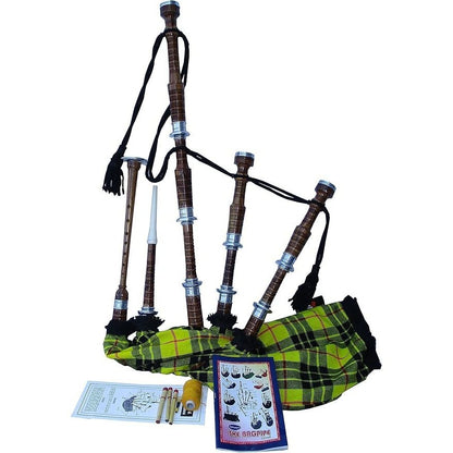 HAAUR TRADERS Scottish Bagpipe Rosewood Royal Stewart Tartan Natural Color with Silver Plain Mounts Free Tutor Book, Carrying Bag, Drone, Reeds