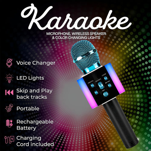 Wireless Karaoke Microphone Speaker with LED Lights And Fun Voice Changer - Portable Singing Mic for Outdoor Parties And Family Gatherings, Stereo Home Karaoke for Travel, Car, And Camping - Fun Summer Party Accessory, Birthday Gift
