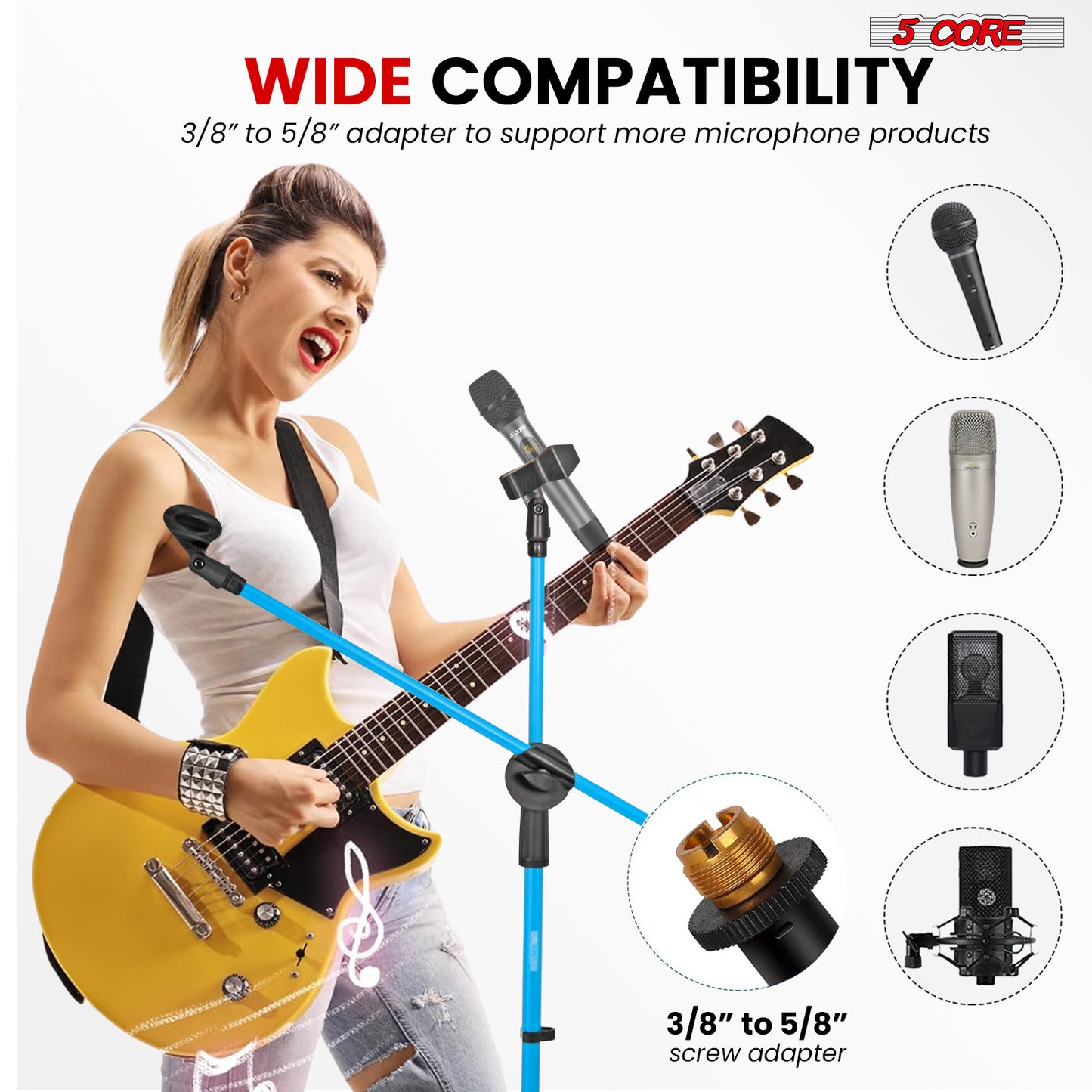 5 Core Microphone Stand Floor 2 Mic Clips Universal Height Adjustable 63" Dual Tripod Mic Stands w Telescoping Boom Arm Foldable Portable