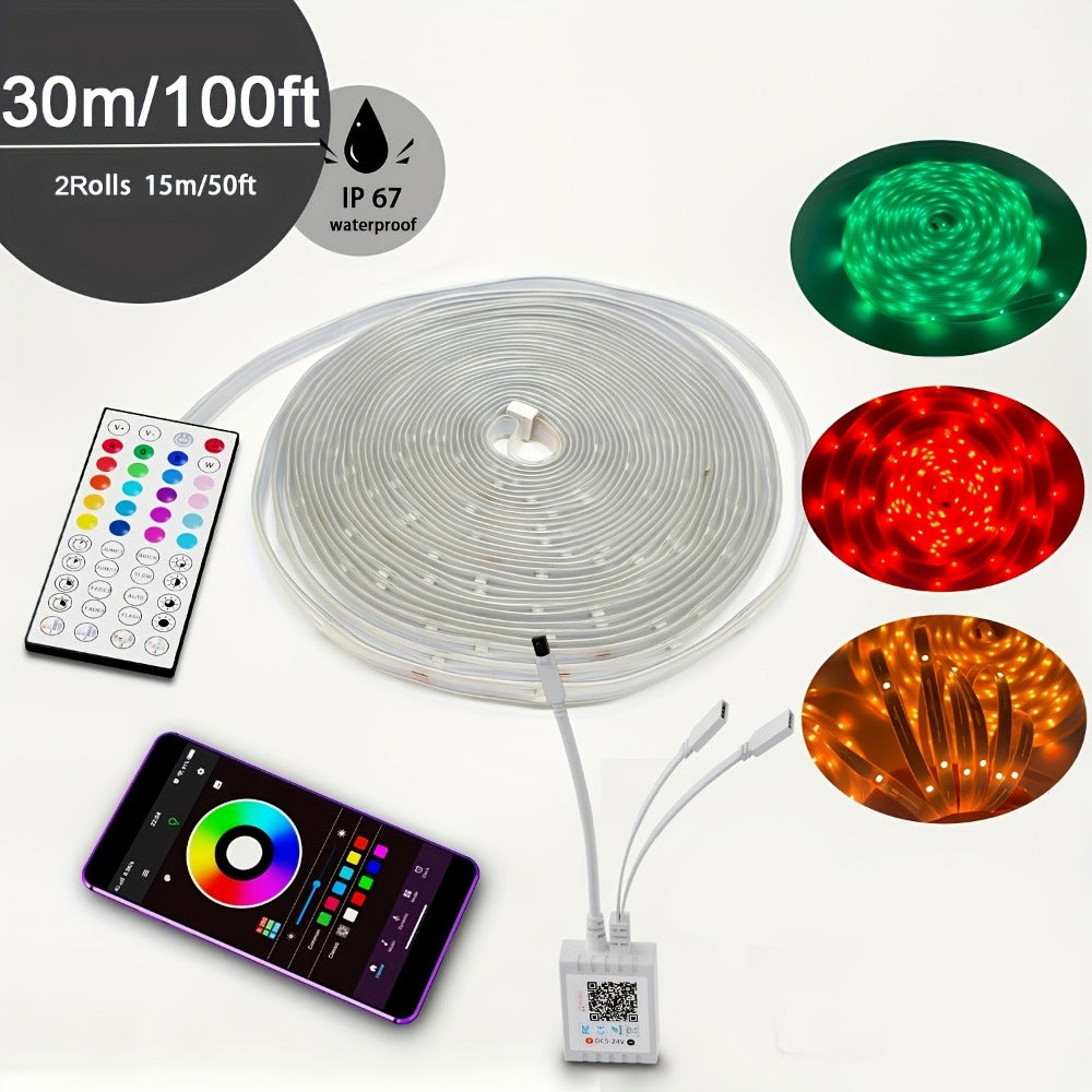 Outdoor LED Strip Lights, 100-Foot RGB Rope with App and Remote Control