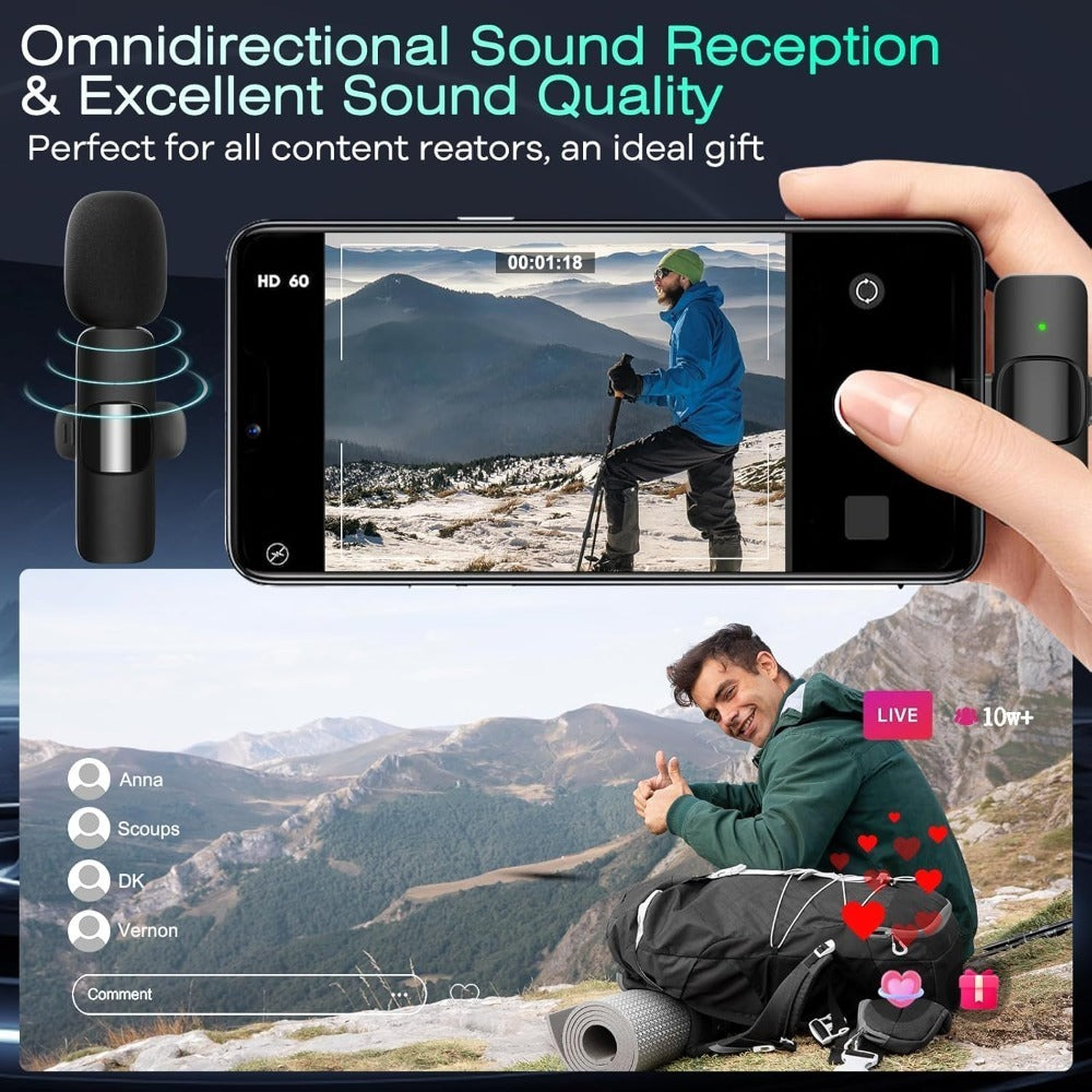 Recording Microphone, Wireless, Bluetooth, 2pcs, Lavalier for Recording and Streaming