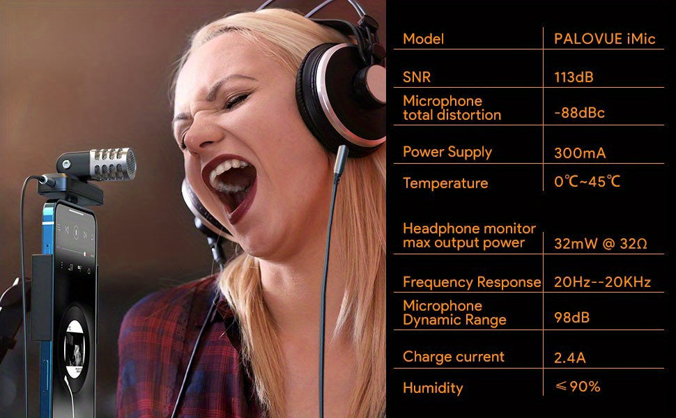 PALOVUE MFi Certified Portable Microphone with Lightning Connector for iPhone/iPad - Professional Stereo Condenser Mic with Charging Port & 3.5mm Headphone Jack, Ideal for Recording & Live Streaming, Cardioid, Digital