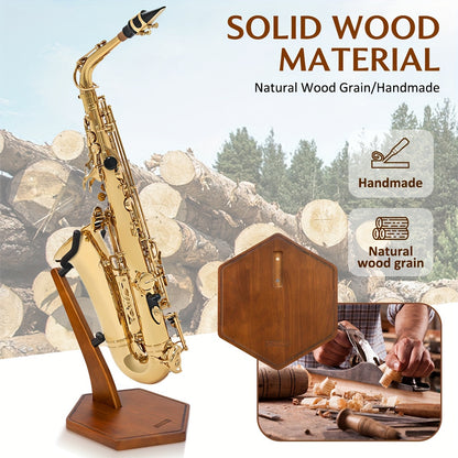 STRICH FH-4 Solid Walnut Wood Saxophone Stand - Durable Handcrafted Floor Holder for Alto And Tenor Saxophones with a Weighted Base for Improved Stability And Visual Appeal - High-Quality Wooden Display And Storage Option