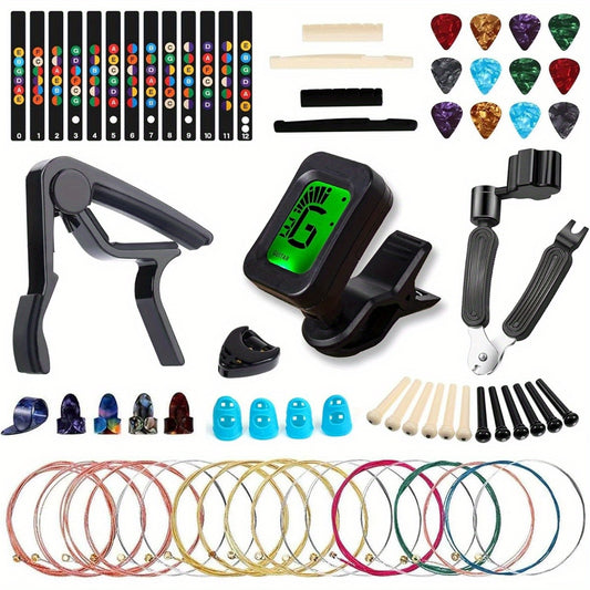 60pcs Acoustic Guitar Accessories Kit Including Guitar Strings, Tuner, Capo, 3-in-1 Restring Tool, Pick Holder, Bridge Pins, Nuts & Saddles, Finger Protector, Finger Picks, Fretboard Stickers