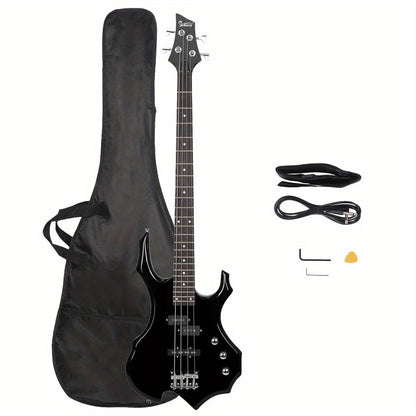 LEADZM Burning Fire Electric Bass Guitar Full Size 4 String Cord Wrench Tool Black - Lightweight Basswood Body, Maple Neck, Rosewood Fingerboard, Accurate Intonation, Comfortable Design, LEADZM