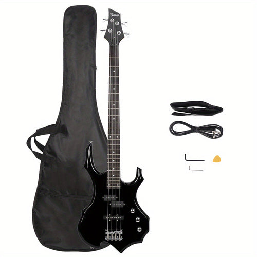 LEADZM Burning Fire Electric Bass Guitar Full Size 4 String Cord Wrench Tool Black - Lightweight Basswood Body, Maple Neck, Rosewood Fingerboard, Accurate Intonation, Comfortable Design, LEADZM