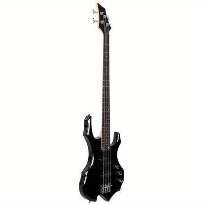 LEADZM Burning Fire Electric Bass Guitar Full Size 4 String Cord Wrench Tool Black - Lightweight Basswood Body, Maple Neck, Rosewood Fingerboard, Accurate Intonation, Comfortable Design, LEADZM