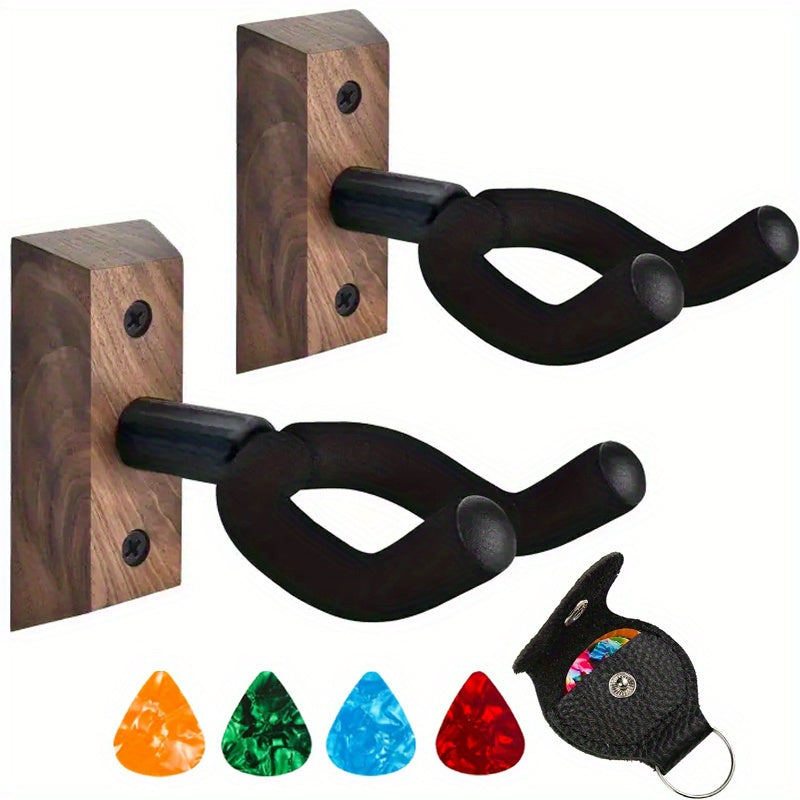 Guitar Wall Mount 2 Pack, Guitar Wall Hangers with Rotatable Soft Guitar Hook for All Size Guitars, Hardwood U-Shaped Guitar Holder for Acoustic Guitar, Bass, Easy to Install, Black Walnut