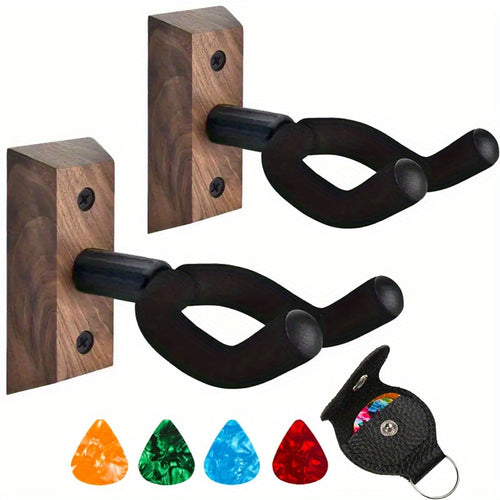 Guitar Wall Mount 2 Pack, Guitar Wall Hangers with Rotatable Soft Guitar Hook for All Size Guitars, Hardwood U-Shaped Guitar Holder for Acoustic Guitar, Bass, Easy to Install, Black Walnut