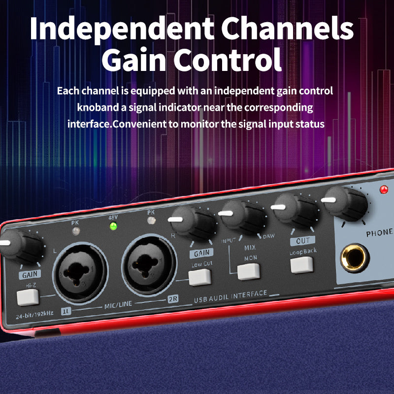 Professional 2-Channel Audio Interface Sound Card - Studio Mixer for Electric Guitar Live Recording, 24Bit/ 192Khz High-Resolution, XLR Interface with 48V Phantom Power Supply