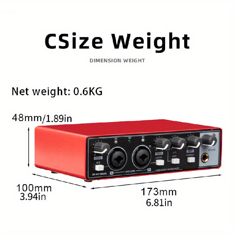 Professional 2-Channel Audio Interface Sound Card - Studio Mixer for Electric Guitar Live Recording, 24Bit/ 192Khz High-Resolution, XLR Interface with 48V Phantom Power Supply
