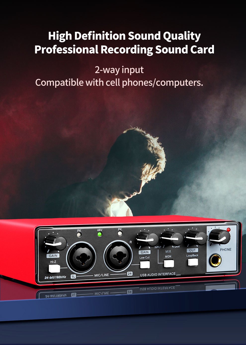 Professional 2-Channel Audio Interface Sound Card - Studio Mixer for Electric Guitar Live Recording, 24Bit/ 192Khz High-Resolution, XLR Interface with 48V Phantom Power Supply