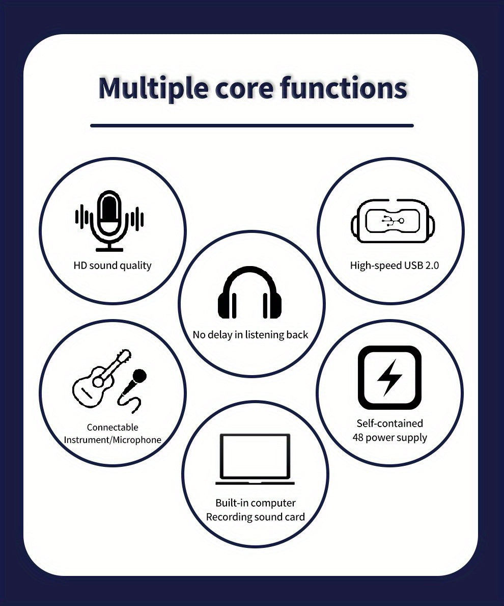 Professional 2-Channel Audio Interface Sound Card - Studio Mixer for Electric Guitar Live Recording, 24Bit/ 192Khz High-Resolution, XLR Interface with 48V Phantom Power Supply
