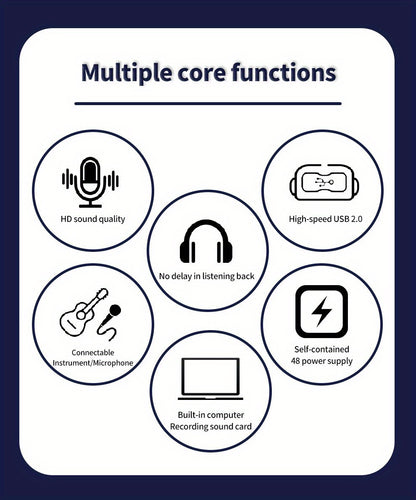 Professional 2-Channel Audio Interface Sound Card - Studio Mixer for Electric Guitar Live Recording, 24Bit/ 192Khz High-Resolution, XLR Interface with 48V Phantom Power Supply