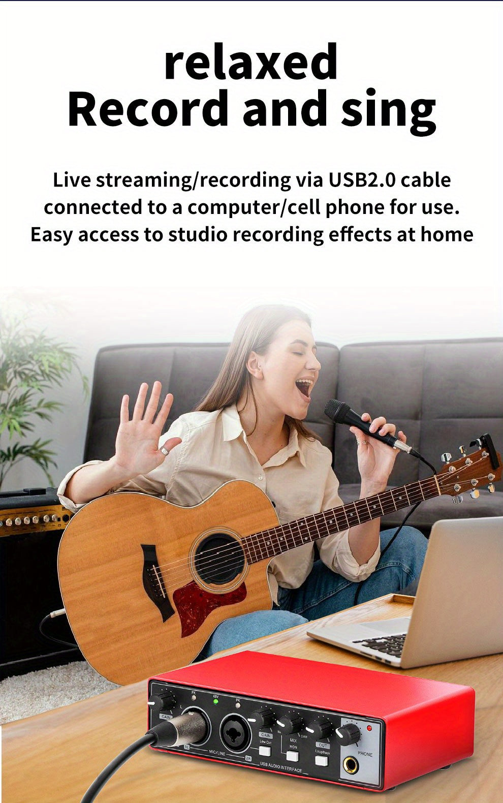 Professional 2-Channel Audio Interface Sound Card - Studio Mixer for Electric Guitar Live Recording, 24Bit/ 192Khz High-Resolution, XLR Interface with 48V Phantom Power Supply