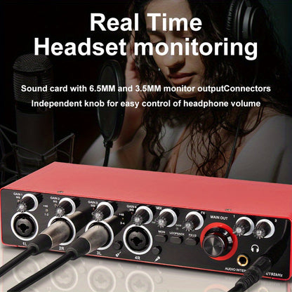 Professional 4-Channel Audio Interface Sound Card - Studio Mixer for Electric Guitar Live Recording, 24Bit/ 192Khz High-Resolution, XLR Interface with 48 Phantom Power Supply