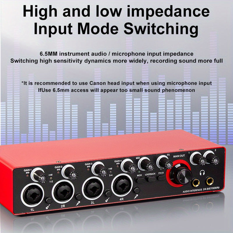 Professional 4-Channel Audio Interface Sound Card - Studio Mixer for Electric Guitar Live Recording, 24Bit/ 192Khz High-Resolution, XLR Interface with 48 Phantom Power Supply