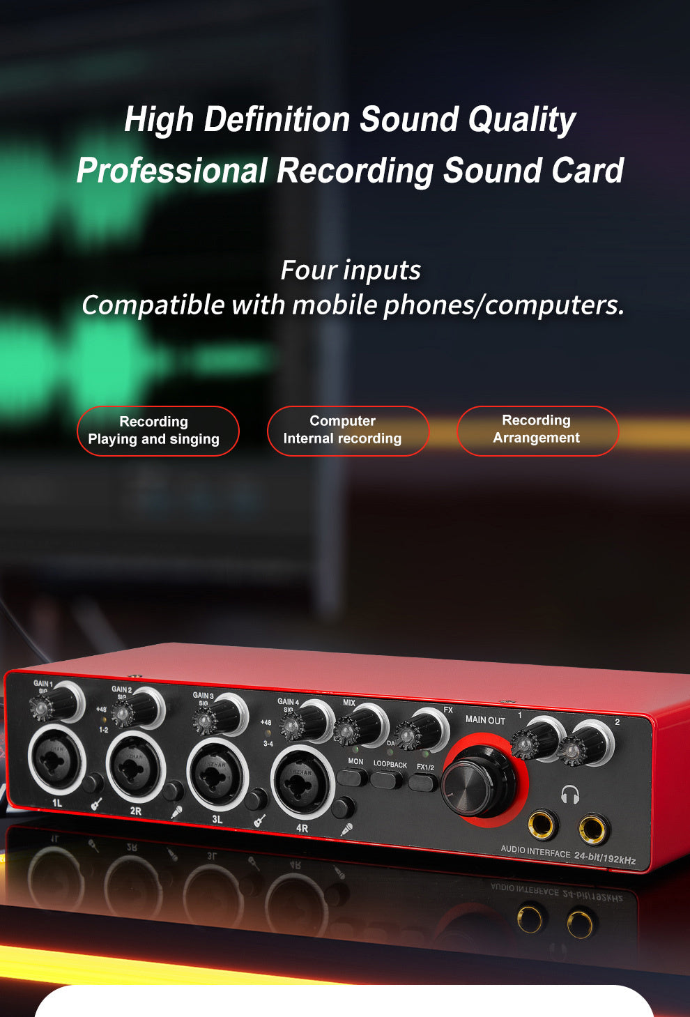 Professional 4-Channel Audio Interface Sound Card - Studio Mixer for Electric Guitar Live Recording, 24Bit/ 192Khz High-Resolution, XLR Interface with 48 Phantom Power Supply