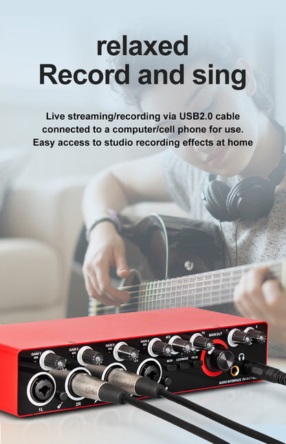 Professional 4-Channel Audio Interface Sound Card - Studio Mixer for Electric Guitar Live Recording, 24Bit/ 192Khz High-Resolution, XLR Interface with 48 Phantom Power Supply