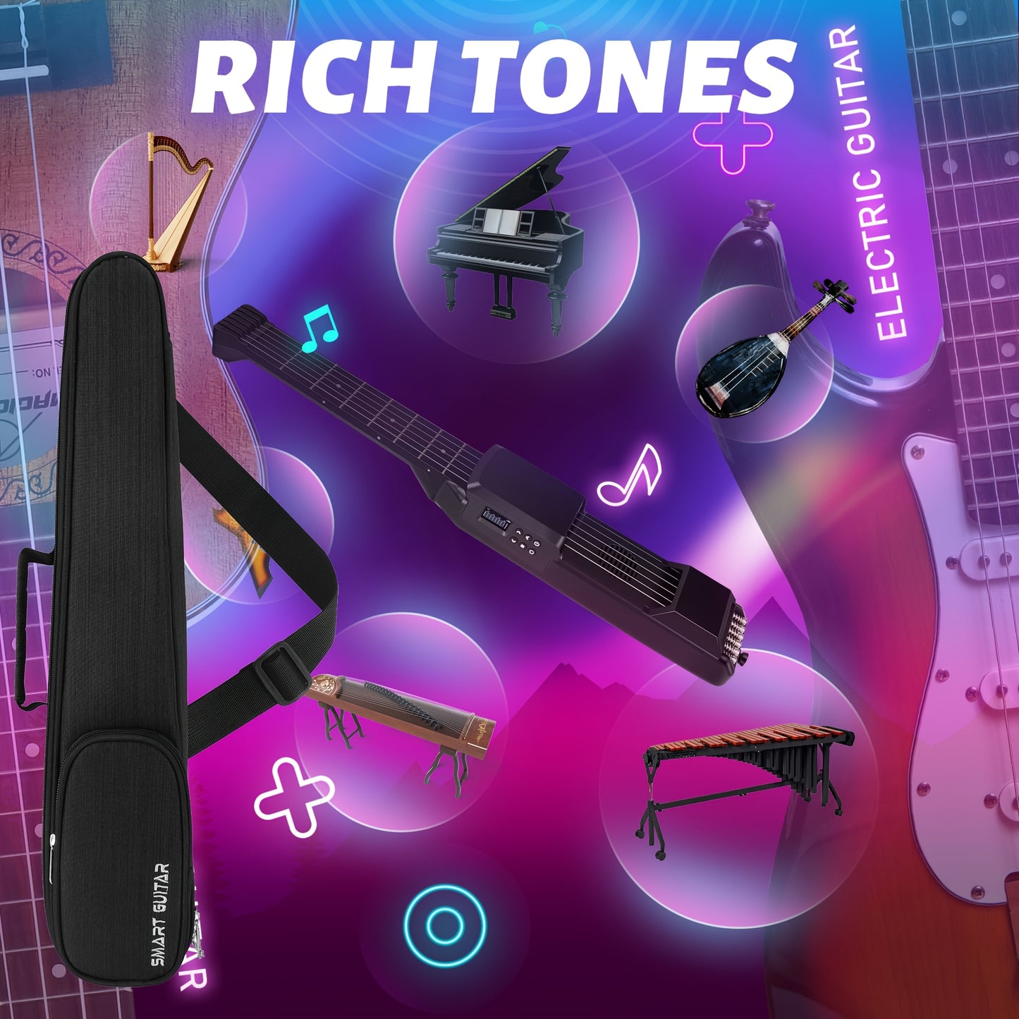 Smart Guitar with AI Chord Practice, USB- Portable MIDI/Electric/Acououstic Guitar Suitable for Beginners, LCD Screen & Tuning-Free Carbon Fiber Neck, Silent/Speaker Modes with Strap & Gig Bag (/)