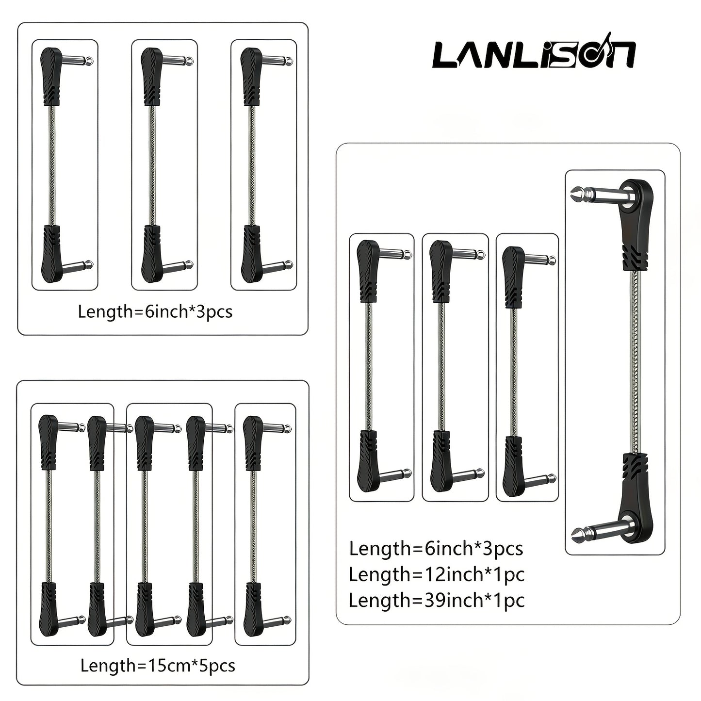 15CM * 3pcs/ 15CM * 5pcs/ 15CM * 3pcs + 30CM * 1pc + 100CM * 1pc Inch Guitar Effects Pedal Cable Connector 1/4" Right Angle TS Mono Black