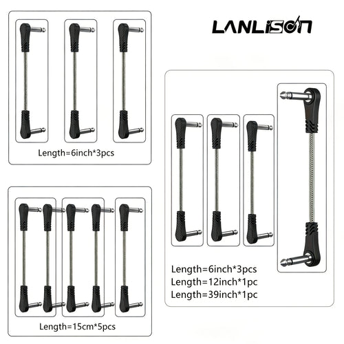 15CM * 3pcs/ 15CM * 5pcs/ 15CM * 3pcs + 30CM * 1pc + 100CM * 1pc Inch Guitar Effects Pedal Cable Connector 1/4" Right Angle TS Mono Black