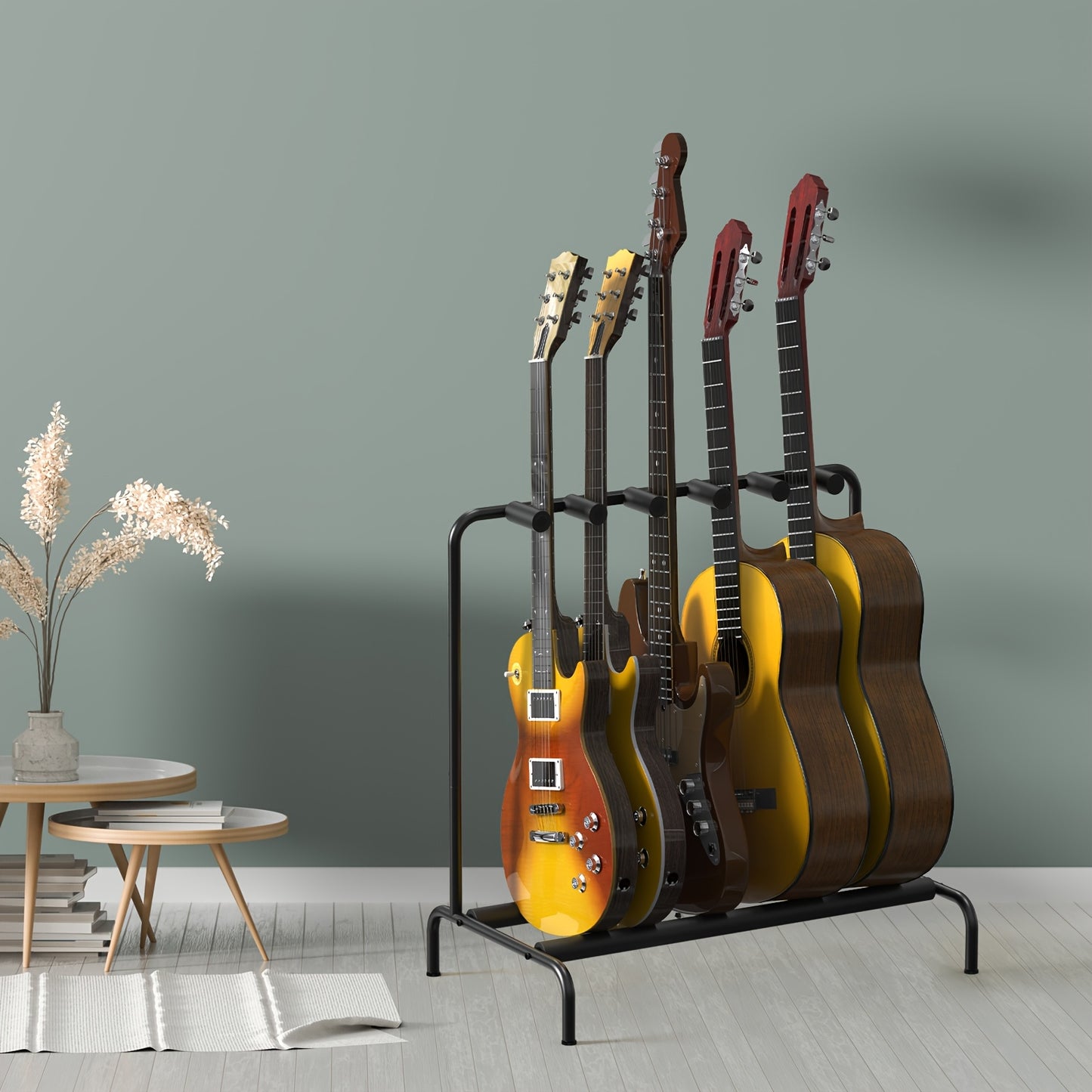 The Guitar Stand Holds Up to 5 Guitars in A Sturdy Metal Frame with Soft Protection and Non-slip Pedals for Home/ Studio Use