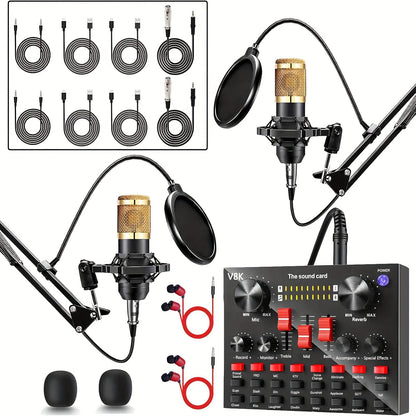 Podcast Equipment Bundle, Live Sound Card with Dj Mixer Effects & Voice Changer, F998 Live Sound Card Audio Mixer with Studio Condenser Microphone, Perfect for Live Streaming, Podcasting, Gaming & DJ.