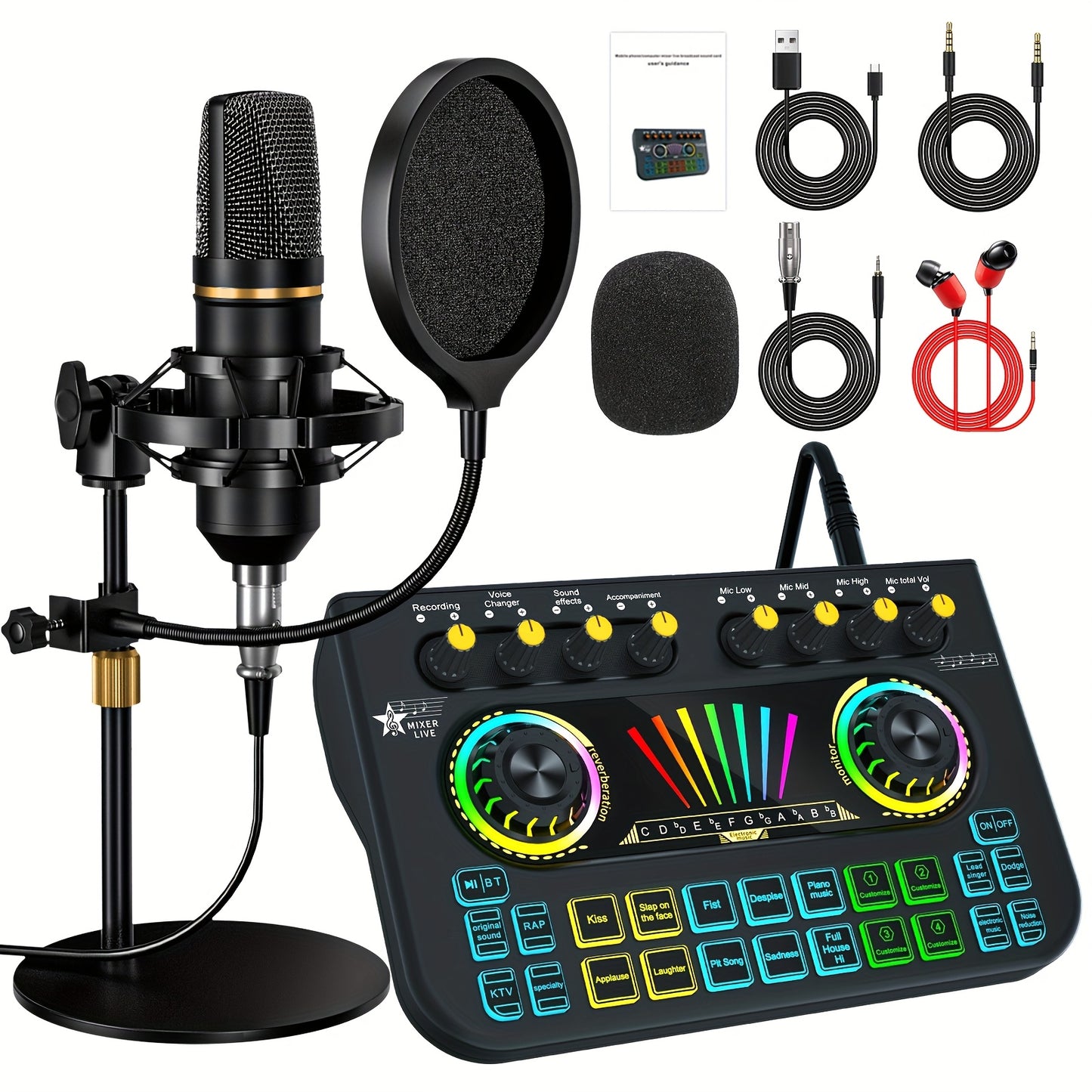 Professional Podcast Dj Equipment Bundle Kit Live Sound Card Audio Mixer for Console Recording Microfono Stand, Music Studio Full Setup Estudio De Musical Streaming for Pc Phone Gaming Karaoke Machine with 2 Microphone Para Grabar Contenido