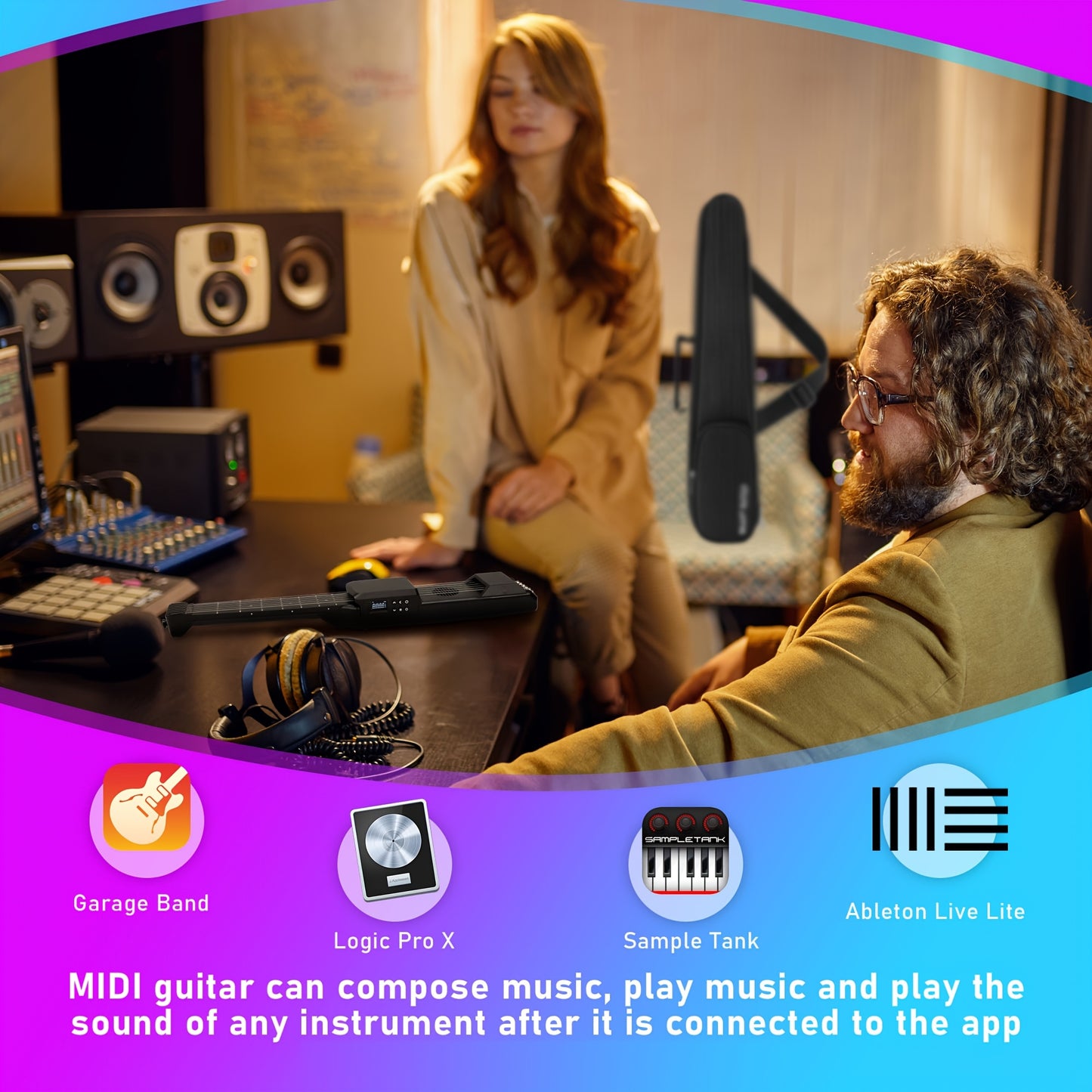 Smart Guitar with AI Chord Practice, USB- Portable MIDI/Electric/Acououstic Guitar Suitable for Beginners, LCD Screen & Tuning-Free Carbon Fiber Neck, Silent/Speaker Modes with Strap & Gig Bag (/)