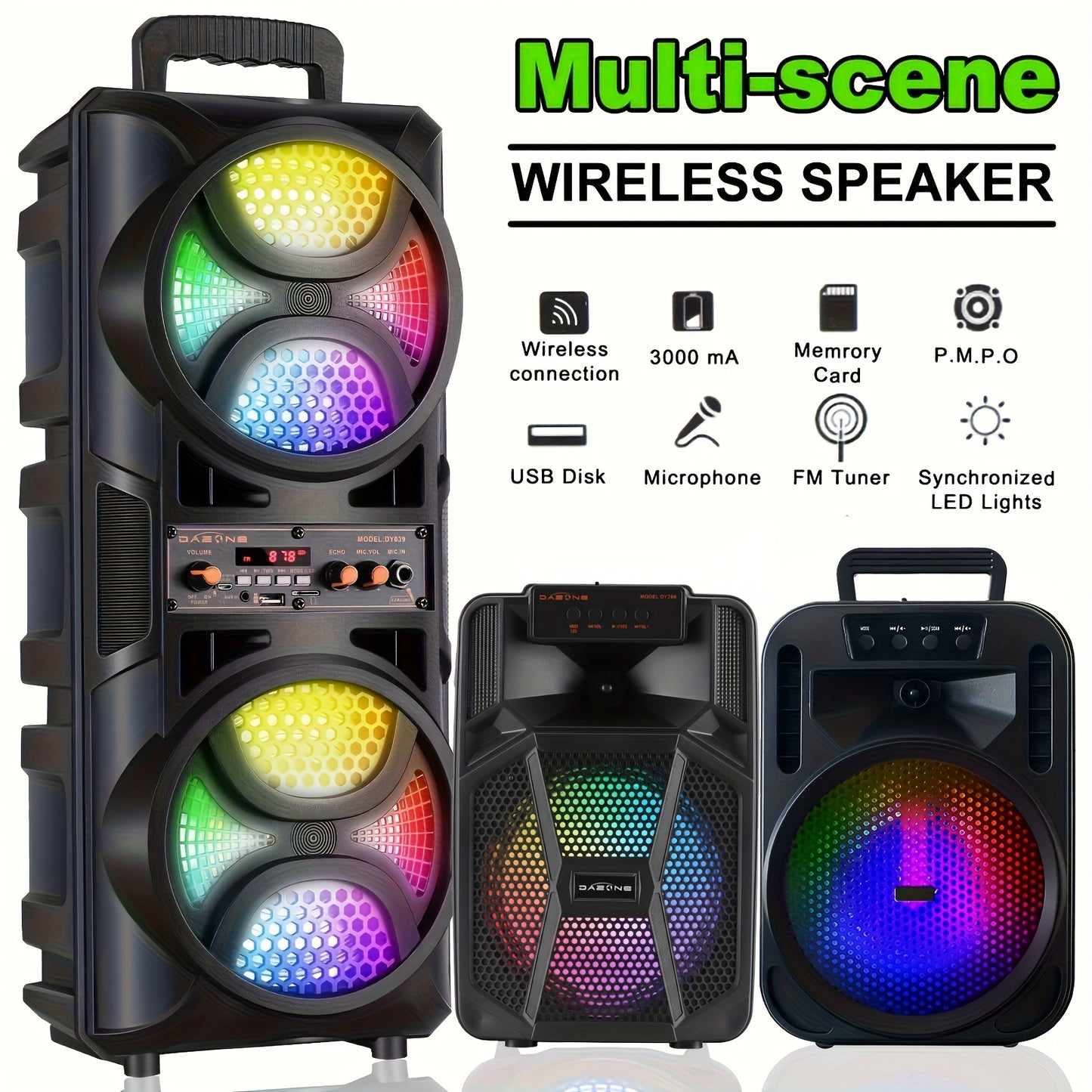 [Portable PA System] Portable Wireless PA Speaker System-Double 6.5'', Single 8'' Indoor/Outdoor Wireless Speaker Portable PA System-RGB for Party Lights, USB SD Card Reader, FM Radio, Rolling Wheels-Wired Microphone, Remote - Perfect For Party, DJ, Weddi