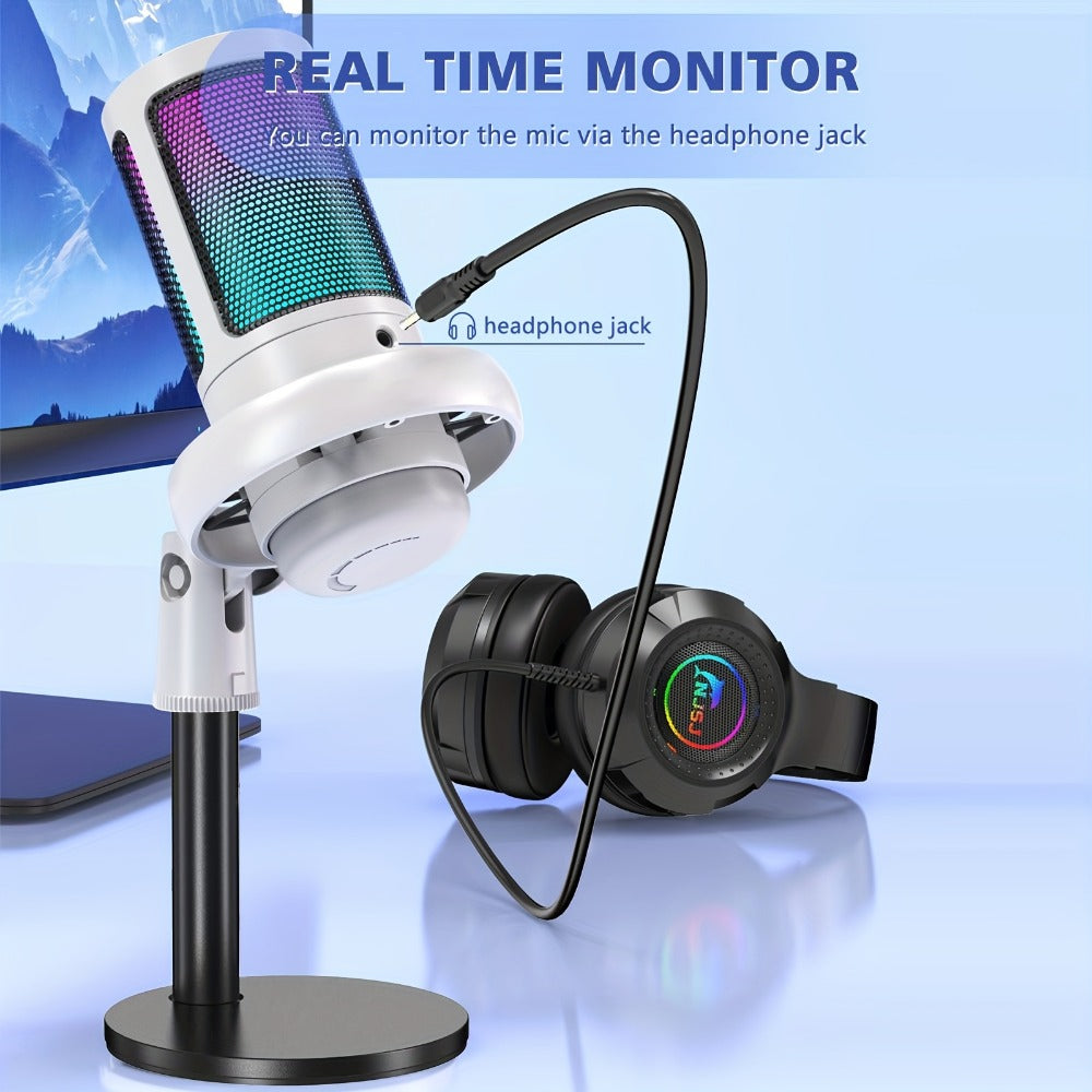 USB RGB Condenser Microphone with Gain, Touch Mute and Monitoring