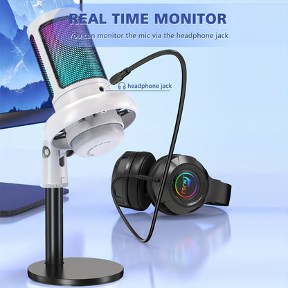 USB RGB Condenser Microphone with Gain, Touch Mute and Monitoring