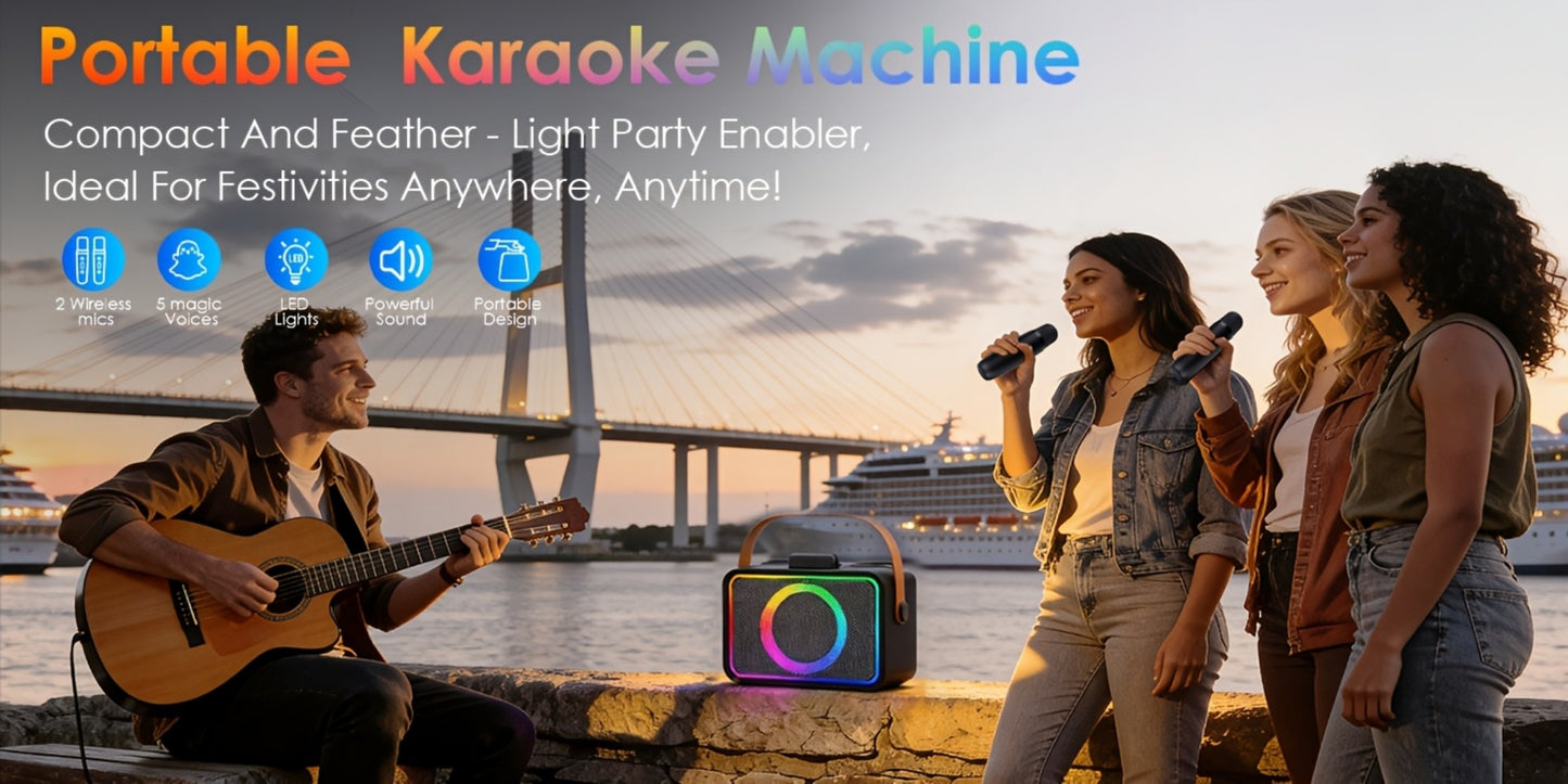 Portable PA Speaker, Black, Wireless, USB, Karaoke, Machine, Microphones for Parties