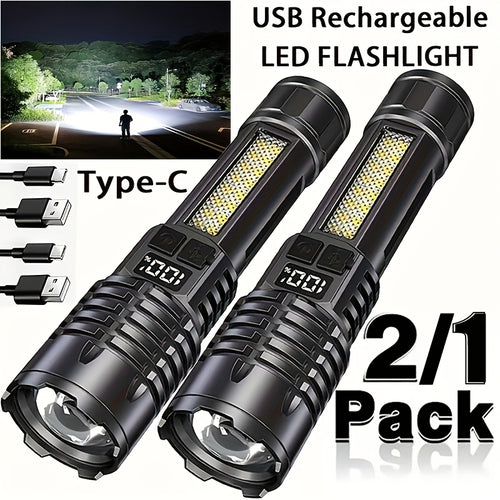 2/1 Pack Rechargeable Flashlights High Lumens, Super Bright Flash Light, 5 Modes Zoomable Linternas With LCD Digital Display, Powerful Handheld LED Flashlights For Emergencies Camping, Fishing, Hiking, Made Of ABS Material, Bright Outdoor Lamp