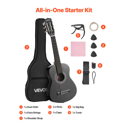 VEVOR Classical Guitar 30 in Guitar Beginner Starter Kit Nylon Strings Sunburst Sunrise Color/Black/Natural Color/Pink