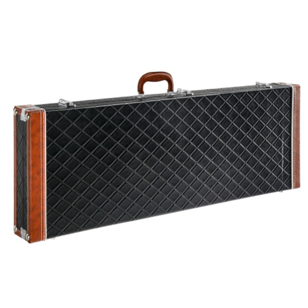 Square Hard Case for Electric Guitars in a Diamond Pattern, Suitable for GST GTL 170 SG, Featuring a Flat Black End with Brown Accents And a Burning Fire Style