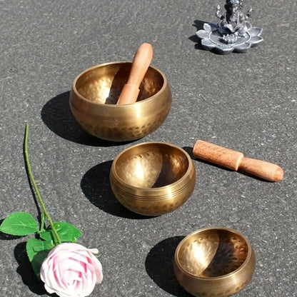 Nepalese Singing Bowl Set with Copper Bowls and Mahogany Strikers