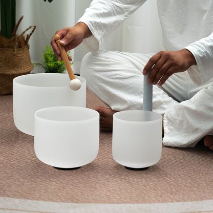 Quartz Crystal Singing Bowl Set, 7 to 11-Inch Three-Bowl Set with Case